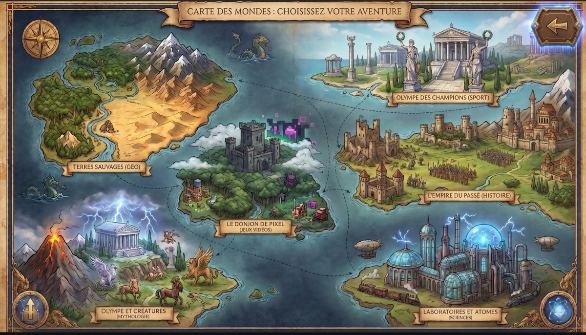 Carte des six mondes de RPGQuizz : Géographie, Histoire, Sciences, Sport, Mythologie et Jeux vidéo.